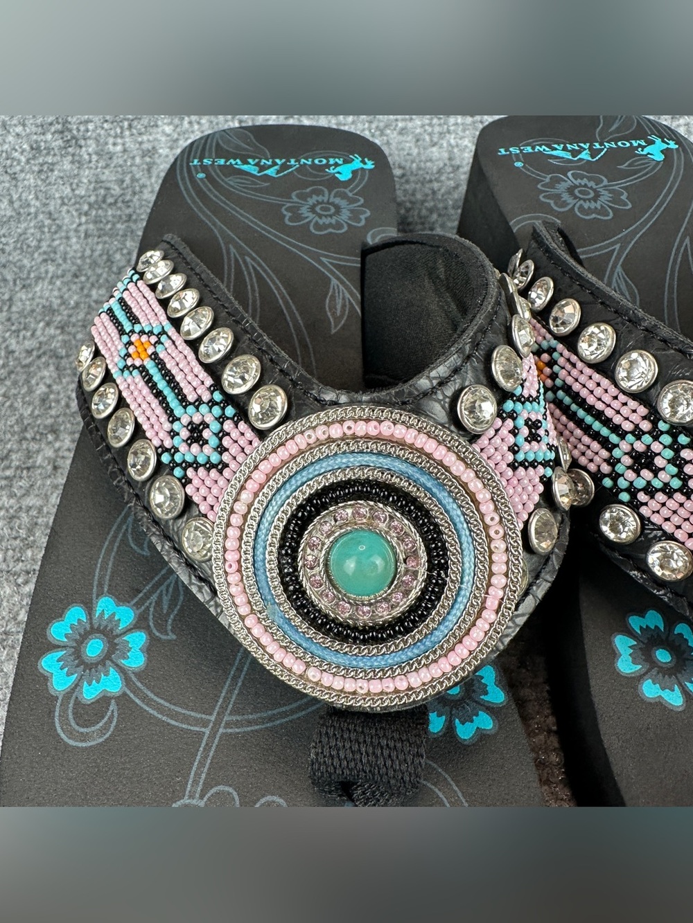 Montana West Beaded Western Wedge Flip Flops Women's Size 7 Black Turquoise - Picture 6 of 16